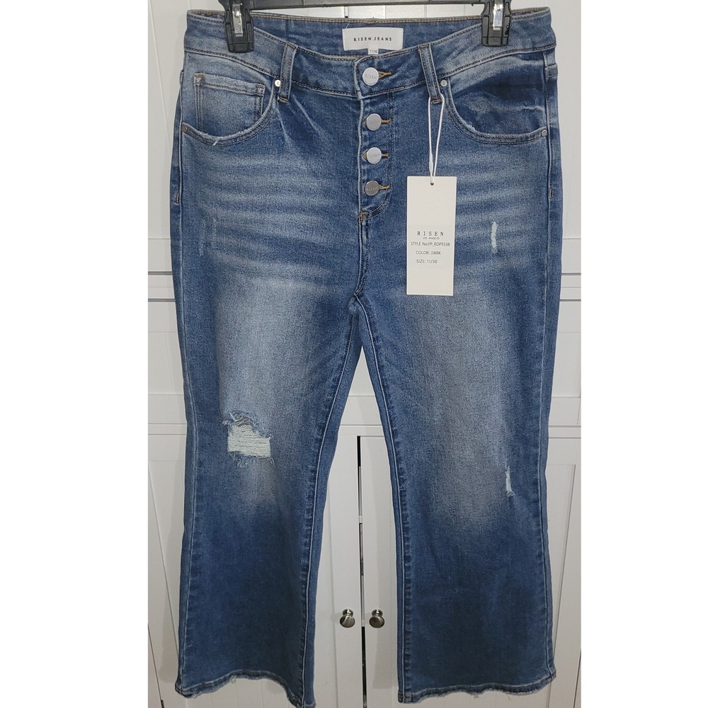 Risen Jeans Womens High Rise Button Fly Distressed Flare Jeans Dark Wash 11/30